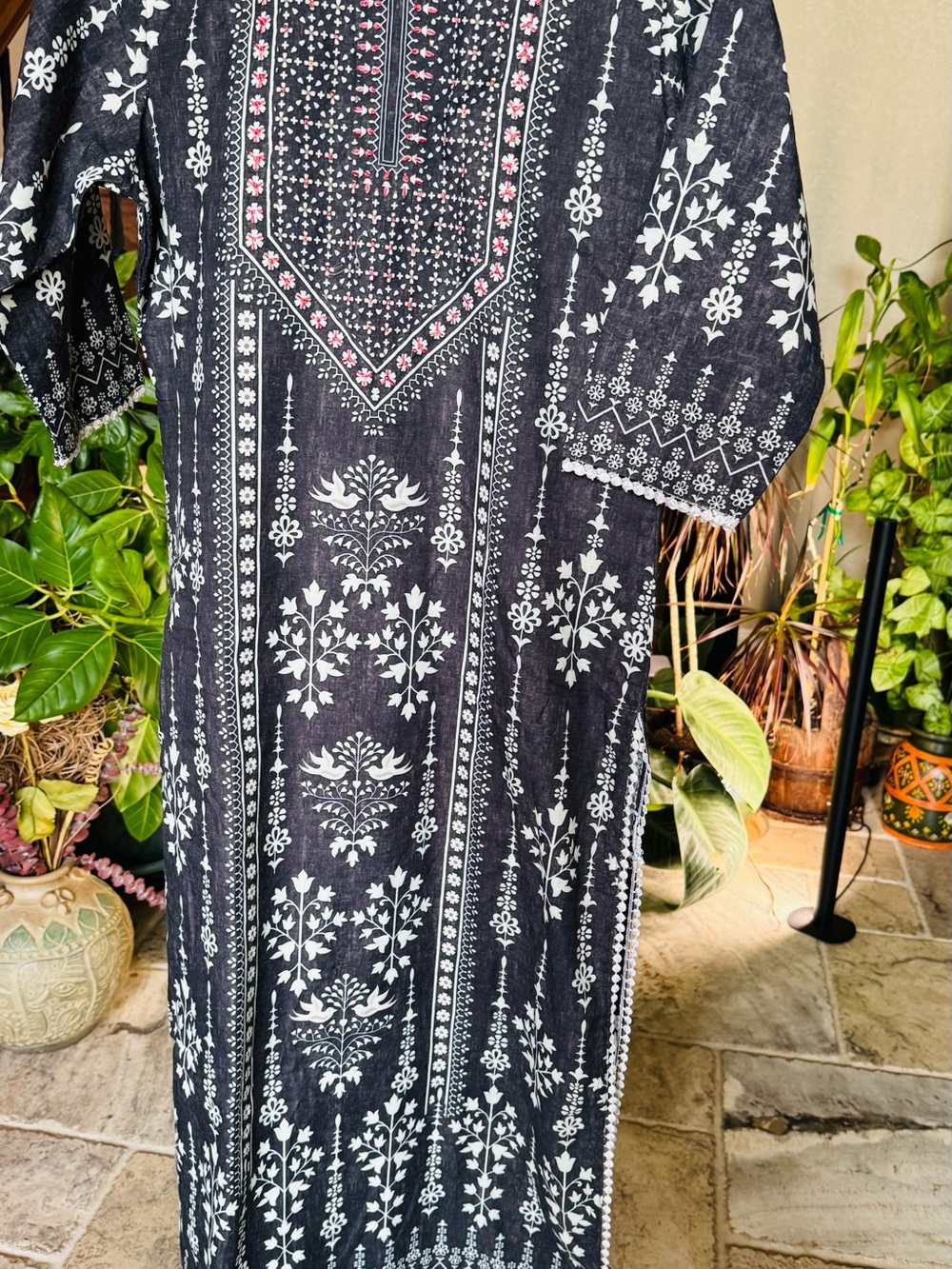 Dark green and White Floral Midi Dress/ Kurta with Embroidered Yoke